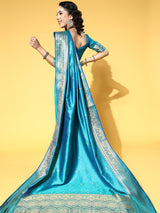 Women's Silk Blend Blue Woven Design Handloom Saree with Blouse Piece