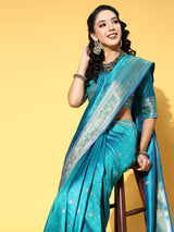 Women's Silk Blend Blue Woven Design Handloom Saree with Blouse Piece