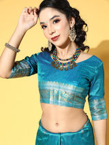 Women's Silk Blend Blue Woven Design Handloom Saree with Blouse Piece