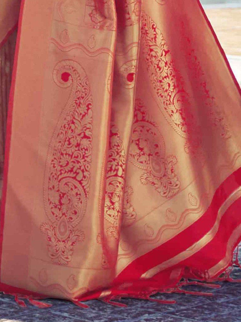Women's Kanjeevaram Silk Red Woven Design Woven saree with Blouse Piece