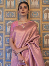 Women's Silk Blend Pink Woven Design Handloom Saree with Blouse Piece