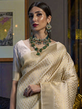 Women's Kanjeevaram Silk White Woven Design Woven saree with Blouse Piece