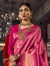 Women's Kanjeevaram Silk Pink Woven Design Woven saree with Blouse Piece