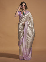 Women's Kanjeevaram Silk White Woven Design Designer Saree with Blouse Piece
