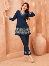 Women's Navy Blue Lurex Thread Floral Embroidered Chinon Co-Ord Set
