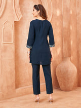 Women's Navy Blue Lurex Thread Floral Embroidered Chinon Co-Ord Set