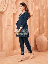 Women's Navy Blue Lurex Thread Floral Embroidered Chinon Co-Ord Set