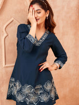 Women's Navy Blue Lurex Thread Floral Embroidered Chinon Co-Ord Set