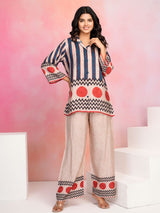 Women's Multi-Color Striped and Polka Dot Printed Muslin Co-Ord Set