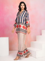 Women's Multi-Color Striped and Polka Dot Printed Muslin Co-Ord Set