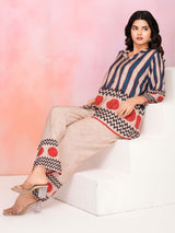 Women's Multi-Color Striped and Polka Dot Printed Muslin Co-Ord Set