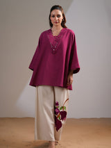 Women's Magenta Pink Embellished V-Neck in Cotton Flex Co-Ord Set
