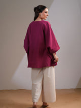 Women's Magenta Pink Embellished V-Neck in Cotton Flex Co-Ord Set