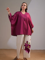 Women's Magenta Pink Embellished V-Neck in Cotton Flex Co-Ord Set