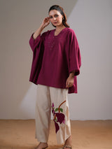 Women's Magenta Pink Embellished V-Neck in Cotton Flex Co-Ord Set