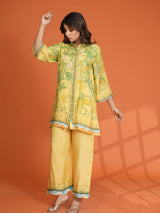 Women's Lemon Yellow and Green Bold Floral Printed Sequin Detailed in Viscose Muslin Co-Ord Set