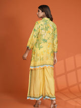 Women's Lemon Yellow and Green Bold Floral Printed Sequin Detailed in Viscose Muslin Co-Ord Set