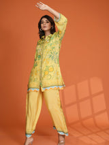 Women's Lemon Yellow and Green Bold Floral Printed Sequin Detailed in Viscose Muslin Co-Ord Set