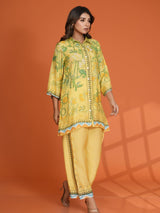 Women's Lemon Yellow and Green Bold Floral Printed Sequin Detailed in Viscose Muslin Co-Ord Set