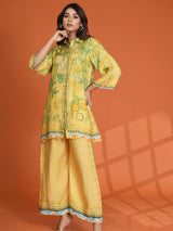Women's Lemon Yellow and Green Bold Floral Printed Sequin Detailed in Viscose Muslin Co-Ord Set