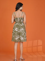 Women's Fern Green Strappy Printed Mini Dress in Cotton Cambric