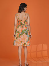 Women's Orange Strappy Bold Floral Mini Dress in Cotton Cambric