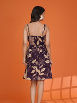 Women's Deep Violet Strappy Floral Mini Dress in Cotton Cambric