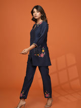 Women's Navy Blue Embroidered in Roman Fabric Co-ord Set