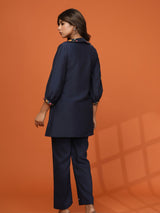 Women's Navy Blue Embroidered in Roman Fabric Co-ord Set