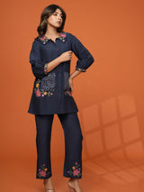 Women's Navy Blue Embroidered in Roman Fabric Co-ord Set