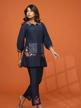 Women's Navy Blue Embroidered in Roman Fabric Co-ord Set