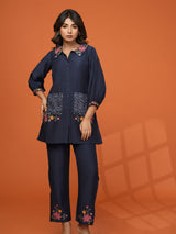 Women's Navy Blue Embroidered in Roman Fabric Co-ord Set
