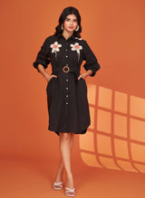 Women's Black Floral Crochet Patch Mini Dress in Cotton Cambric