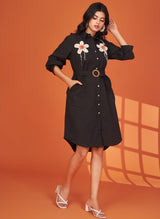 Women's Black Floral Crochet Patch Mini Dress in Cotton Cambric