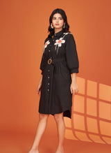 Women's Black Floral Crochet Patch Mini Dress in Cotton Cambric