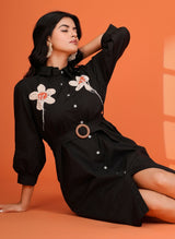 Women's Black Floral Crochet Patch Mini Dress in Cotton Cambric