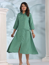 Women's Sage Green Belted Shirt Dress in Textured Crepe