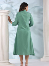 Women's Sage Green Belted Shirt Dress in Textured Crepe