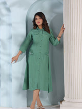 Women's Sage Green Belted Shirt Dress in Textured Crepe