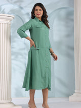 Women's Sage Green Belted Shirt Dress in Textured Crepe