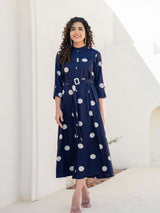 Women's Navy Polka Dot Belted Midi Dress in Viscose