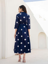 Women's Navy Polka Dot Belted Midi Dress in Viscose