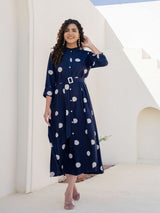 Women's Navy Polka Dot Belted Midi Dress in Viscose