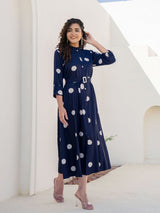 Women's Navy Polka Dot Belted Midi Dress in Viscose