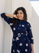 Women's Navy Polka Dot Belted Midi Dress in Viscose