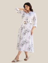 Women's Off-White Ginkgo Leaf Printed Belted Midi Dress in Viscose