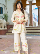 Women's Off-White Embroidered Roman Silk Co-ord Set