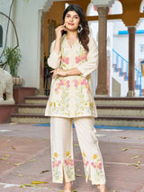 Women's Off-White Embroidered Roman Silk Co-ord Set