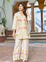 Women's Off-White Embroidered Roman Silk Co-ord Set