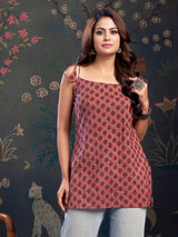 Women's Pink Floral Color with Tie-Knot Shoulder Short Kurti